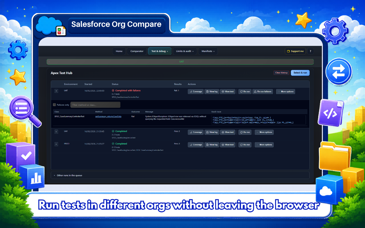 Apex Test Hub — run tests and review coverage across environments